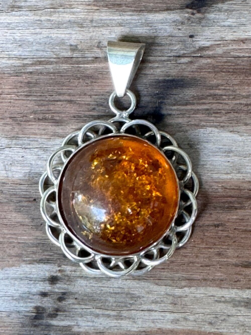 Vintage Sterling Silver Amber Pendant Oval Cabochon Openwork Frame 19.83g